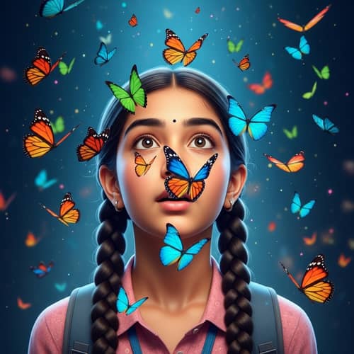Emotional South Asian Girl Surrounded by Colorful Butterflies