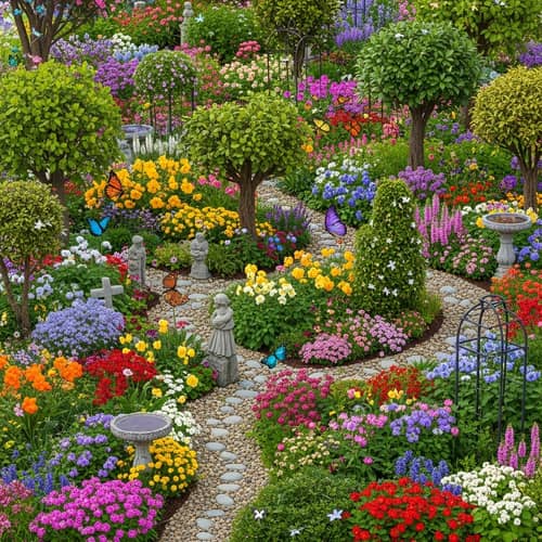 Vibrant Garden Scene with Colorful Flowers, Butterflies, and Whimsical Trees