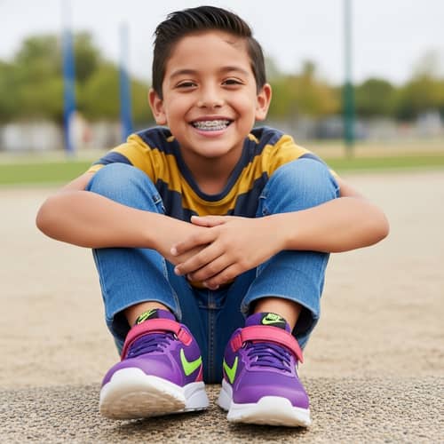 Cheerful Kid with Braces in Stylish Nike Sneakers