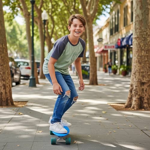 Cheerful Boy Skateboarding with Blue Braces