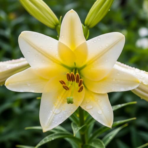 Vibrant Lily Bloom: White Petals with Yellow Pistil in Morning Dew