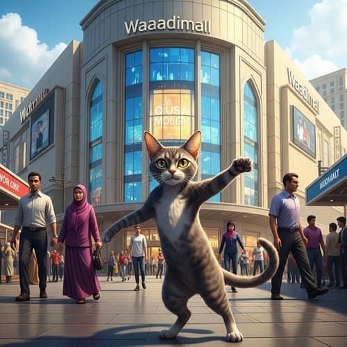 Playful Cat Dancing in Waadimall Street - Urban Charm Captured