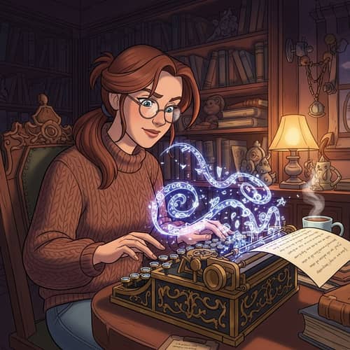 Auburn-Haired Woman Writing Magical Story on Typewriter
