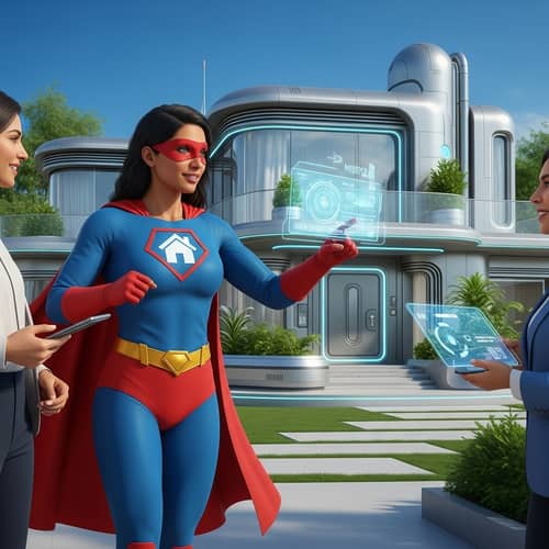 Superhero Real Estate Agent Selling Futuristic House