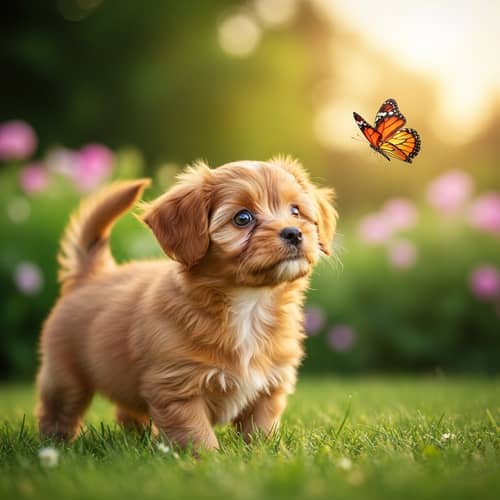 Playful Small Breed Puppy Chasing Butterfly in Lush Garden