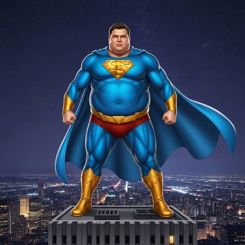 Plus-Size Male Superhero in Vibrant Blue and Gold Costume