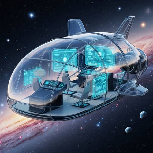 Futuristic Glass Spaceship Floating in Outer Space