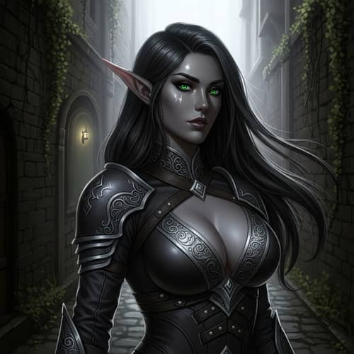 Female Dark Elf with Long Black Hair and Green Eyes