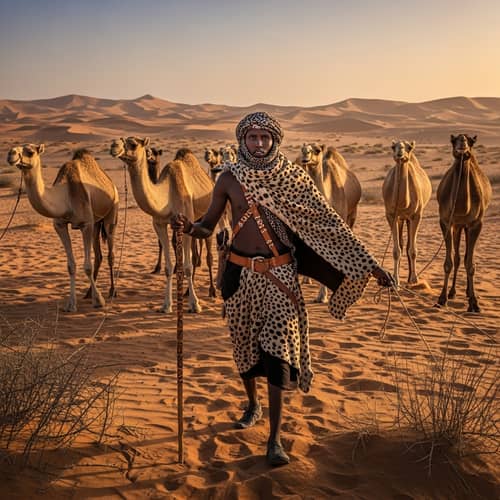Nomadic Somali Man Herding Camels in Cheetah Fur Outfit
