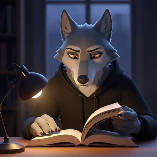 Animated Wolf in Black Hoodie Studying Intently