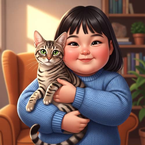 Adorable Asian Girl with Pet Cat | Heartwarming Illustration