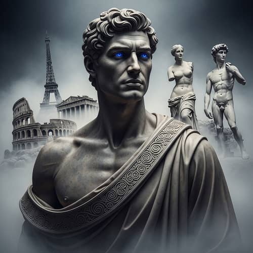Stone Carved Portrait of a Man | Artistic Attire & Blue Eyes