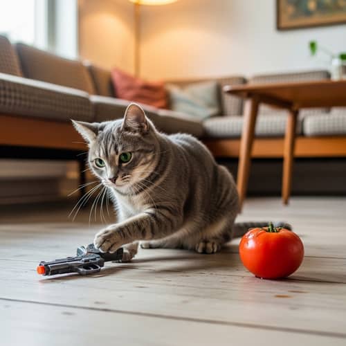 Serene Domestic Cat Playfully Pawing at Miniature Gun and Ripe Tomato