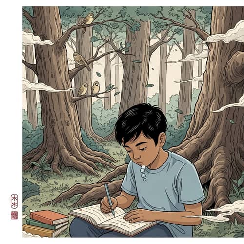Young Boy's Self-Reflection & Growth in Forest | Anime-inspired Scene
