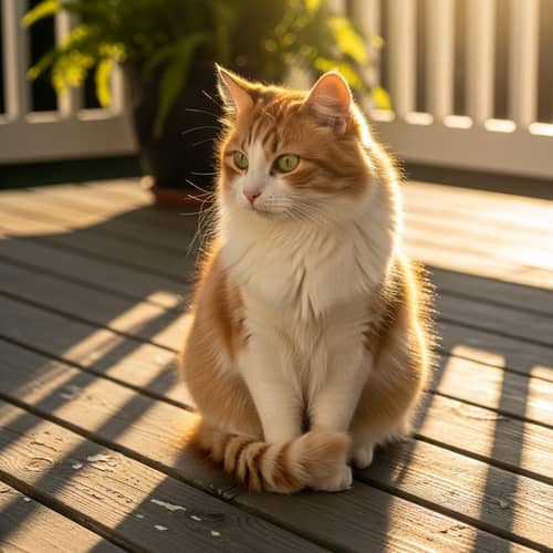 Fluffy Domestic Cat with Vibrant Green Eyes on Wooden Porch