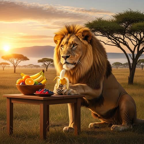 Majestic Lion Eating Fresh Fruits in African Savannah