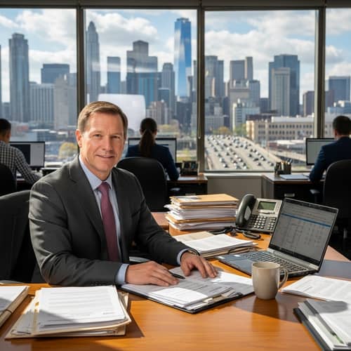 Middle-Aged City Council Member in Formal Suit at Desk