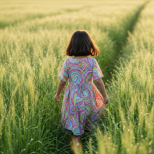 Young Girl Walking Through Lush Field - Serene Middle-Eastern Scene