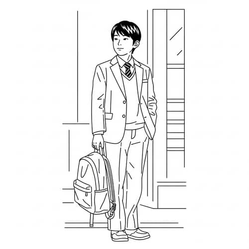 Casual Middle School Asian Student Line Drawing