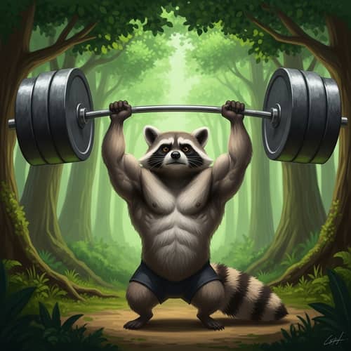 Strong Raccoon Lifts Barbell in Enchanted Forest