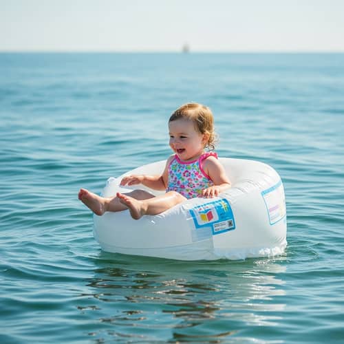 Happy Toddler Girl Floating in Oversized Inflated Diaper