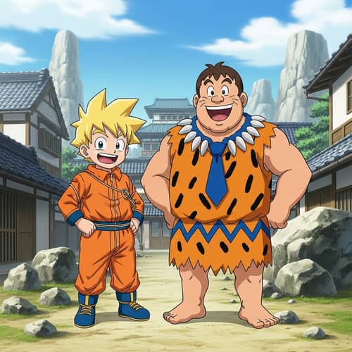 Energetic Boy & Muscular Man Entwined in a Quirky Scene