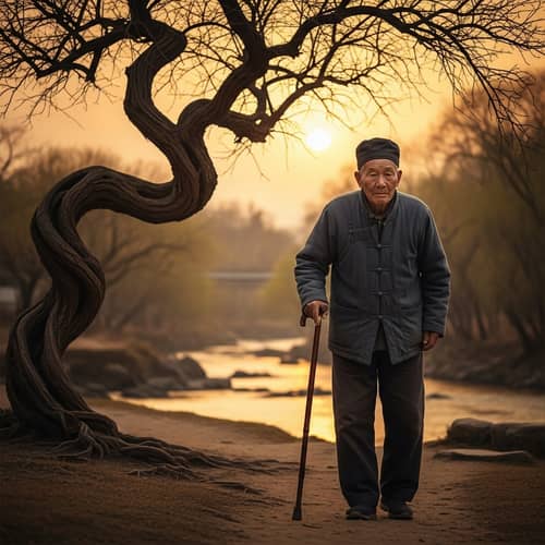 Elderly Asian Man Exuding Wisdom and Longevity