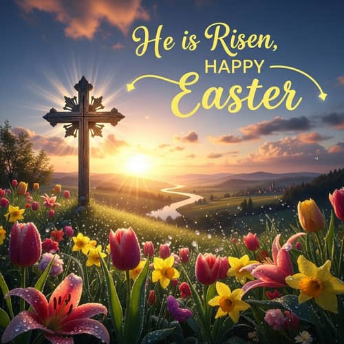 He is Risen, Happy Easter | Vibrant Sunrise & Cross Silhouette