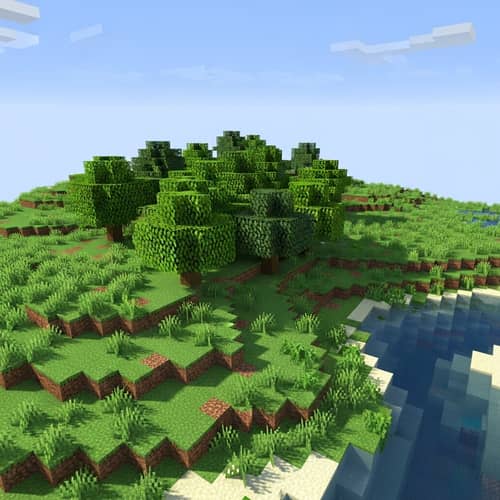 Minecraft 3D Field: Blocky Landscape with River and Trees