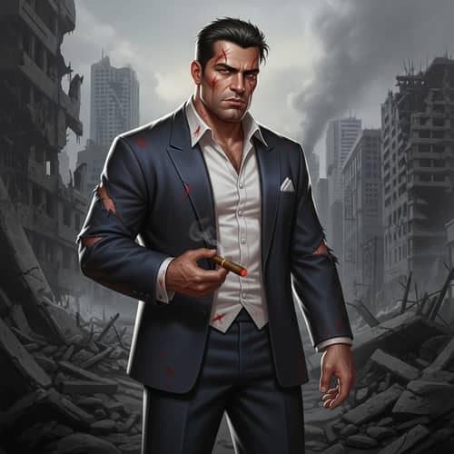 Hispanic Man in Tuxedo Amid Ruined City - Gritty Ambiance & Unexpected Sophistication