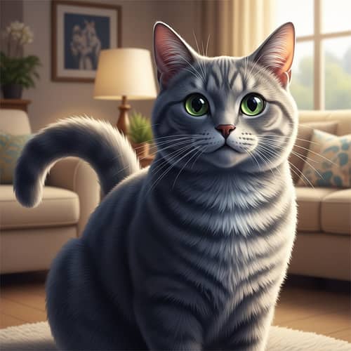 Glossy Charcoal to Light Gray Fur Cat with Vibrant Green Eyes