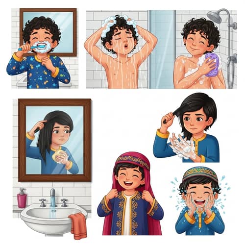 Detailed Illustrations of a Middle Eastern Boy's Daily Hygiene Routine