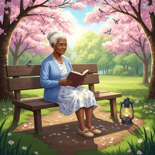 Elderly Woman Sits Comfortably on Rustic Bench