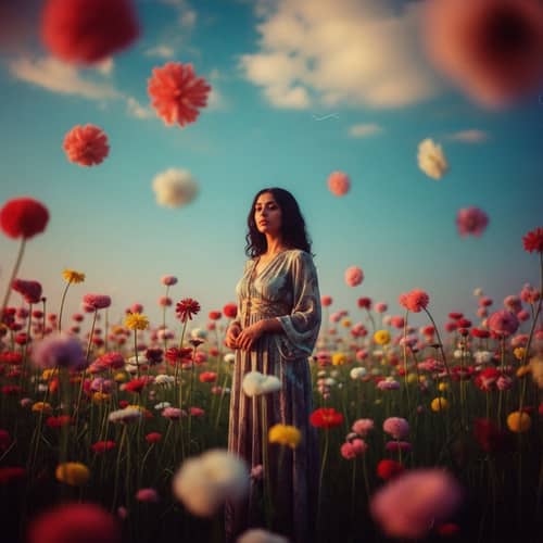 Surreal Portrait of Woman in Floating Flowers Field
