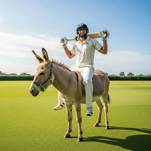 Professional South Asian Cricketer on Donkey in Green Field