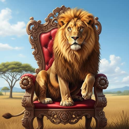 Majestic Lion Sitting on Elaborately Carved Chair