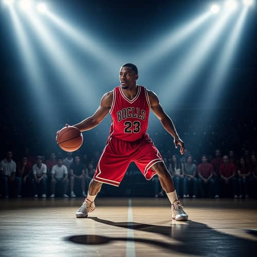 Dynamic Basketball Player Dribbling in Red and Black Jersey