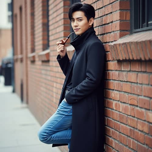 Asian Male Pop Star with Stylish Fashion Leaning Against Brick Wall