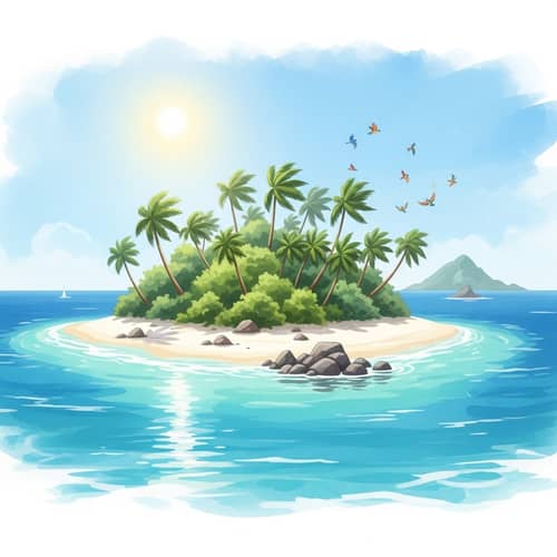 Tropical Island Watercolor Painting | Serene Landscape Artwork