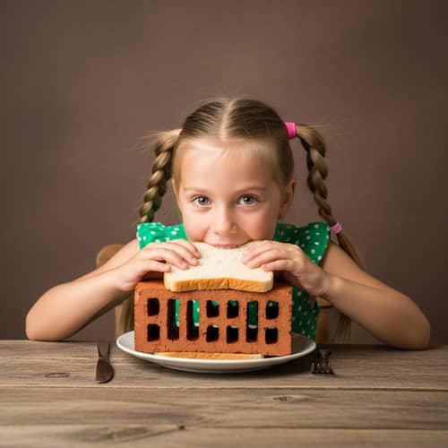 Young Girl Eating Red Brick Sandwich with Bread