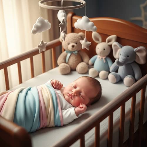 Adorable Newborn Baby in Soft Blanket in Wooden Crib