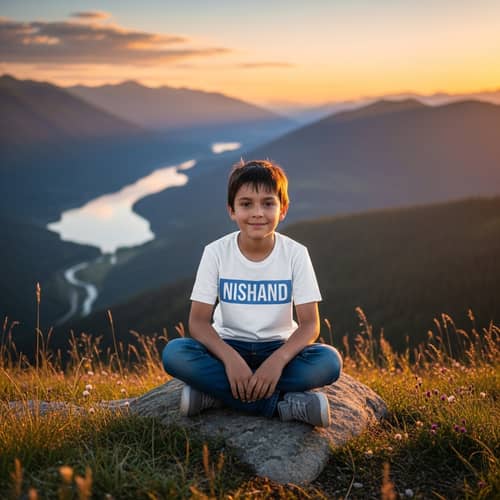 Boy Sitting in Picturesque Location | Nishand White T-shirt