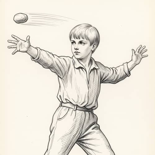 Caucasian Boy Pencil Sketch: Dynamic Pose with Stone Throw