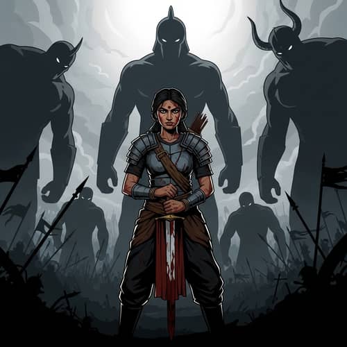 Epic Fantasy Scene with South Asian Female Soldier and Towering Adversaries