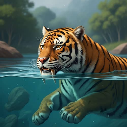 Saber-toothed Tiger Swimming: Prehistoric Predator in Water