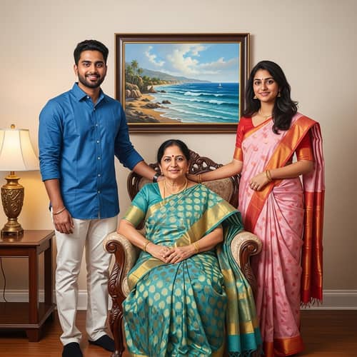 Indian Family Portrait - Mother, Son & Daughter in Vibrant Room Setting