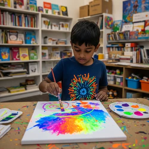 Enthusiastic South Asian Boy Creating Fluorescent Paint Art