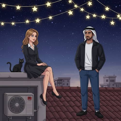 Elegant Girl and Black Cat on Rooftop with Starry Night Sky
