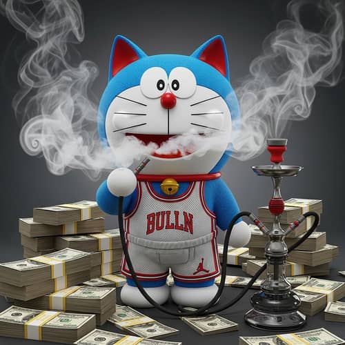 Unique Robotic Cat in Basketball Attire Amidst Money Stacks