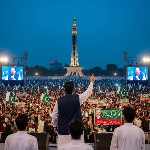 Passionate Political Leader Addresses Diverse Crowd at Landmark Tower